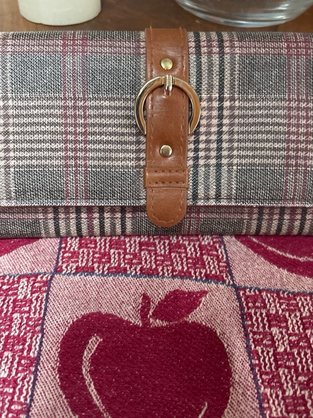 Plaid Fold-Over wallet with Tan Leather Strap